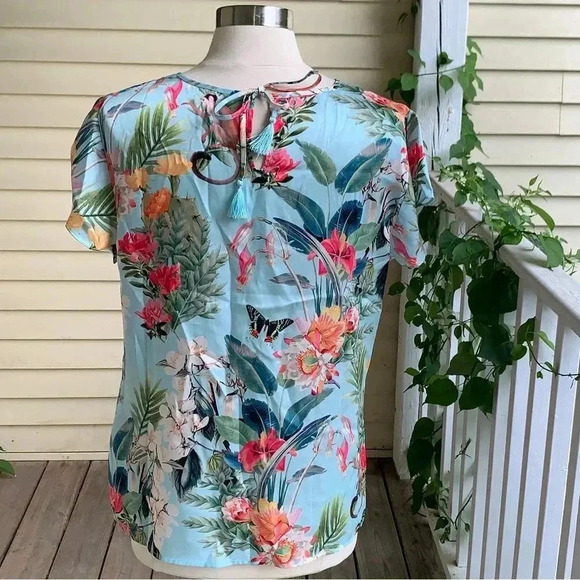 RSVP by Talbots Blouse Aqua Tropical Jungle Print L Flutter Sleeve Floral Monkey - Picture 3 of 9